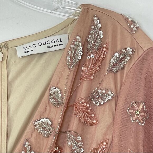 Mac Duggal 93755 Floral Beaded Surplice V-Neck Long Balloon Sleeve Gown, Size 16 - Picture 6 of 16